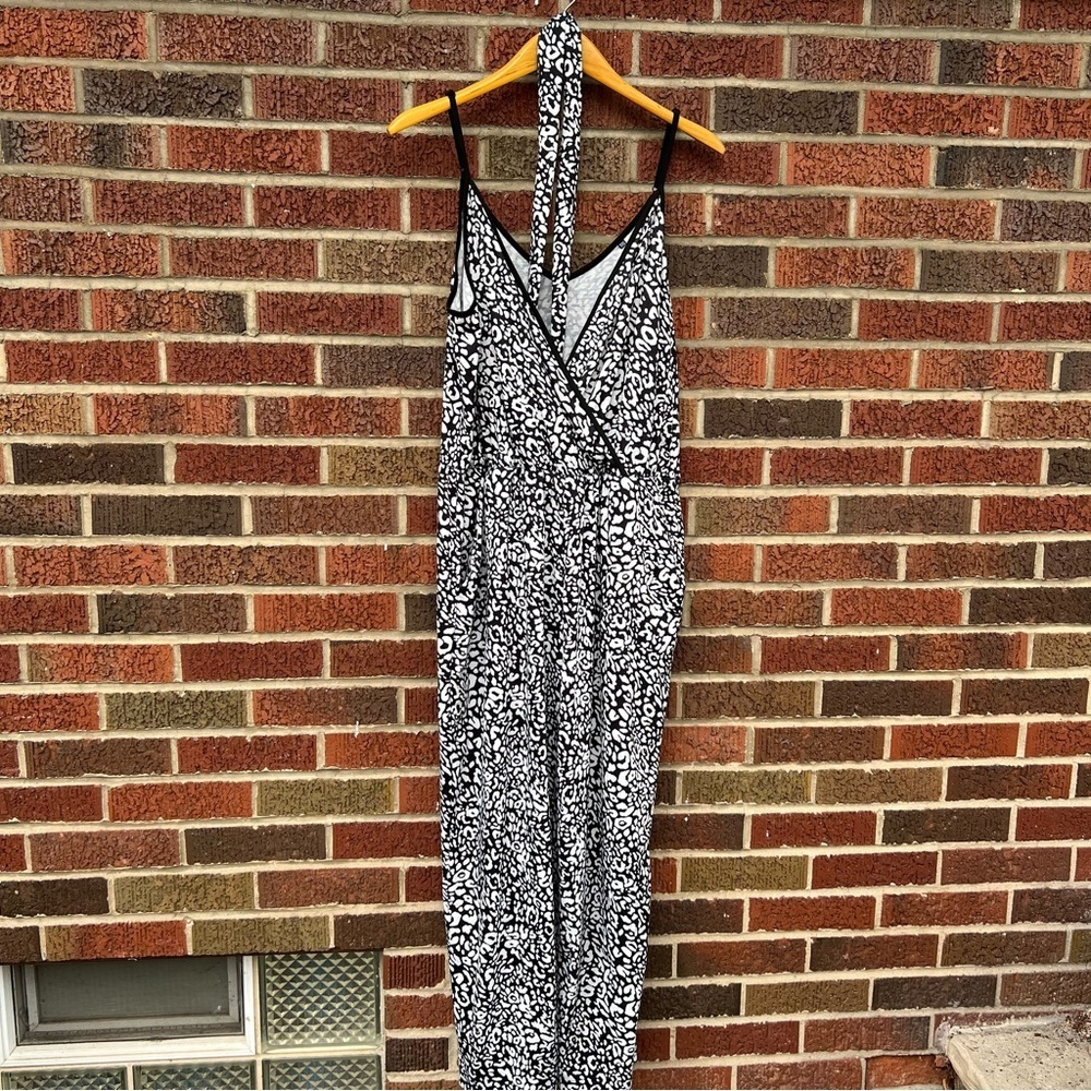 SHEIN Black and White Surplice Cheetah Print Spaghetti Strap Belted Jumpsuit